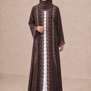 SIS-107 Brown Casual Abaya with Front & Back Lace
